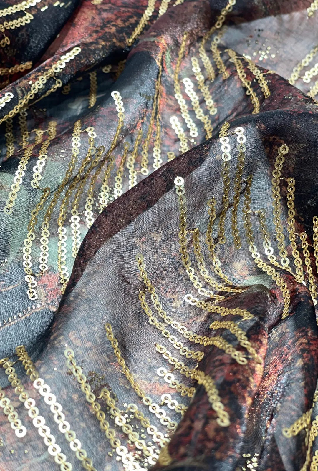 Linear Sequin Embroidered Mottled NC Satin Foil Fabric