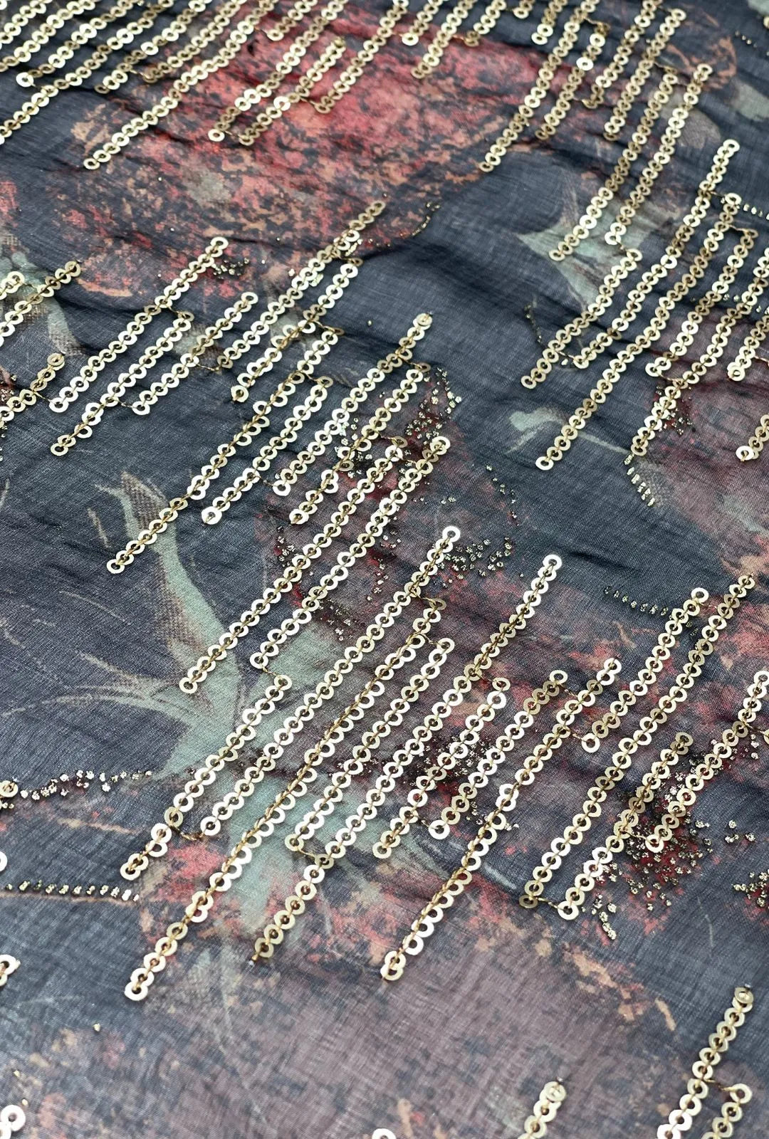 Linear Sequin Embroidered Mottled NC Satin Foil Fabric