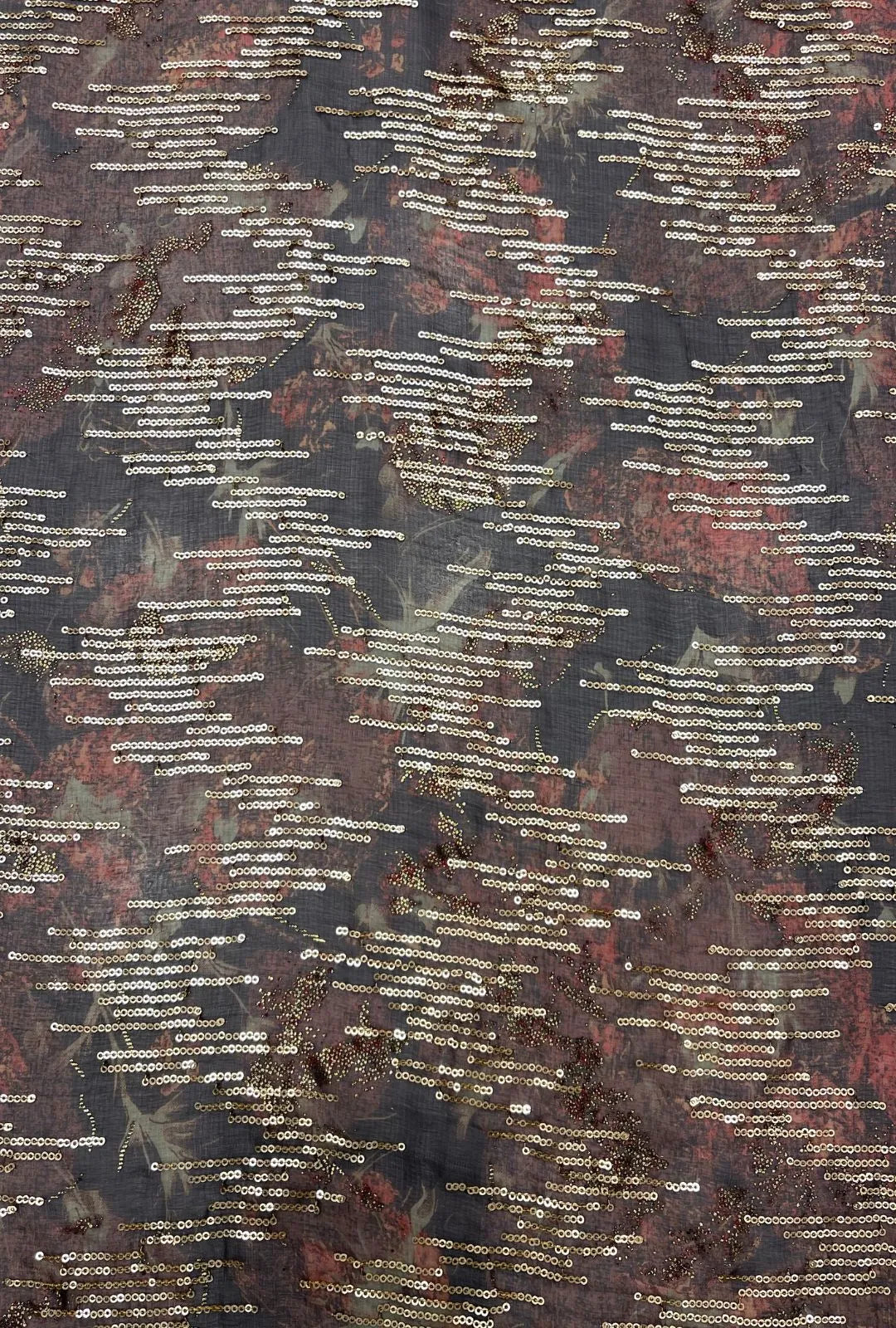 Linear Sequin Embroidered Mottled NC Satin Foil Fabric
