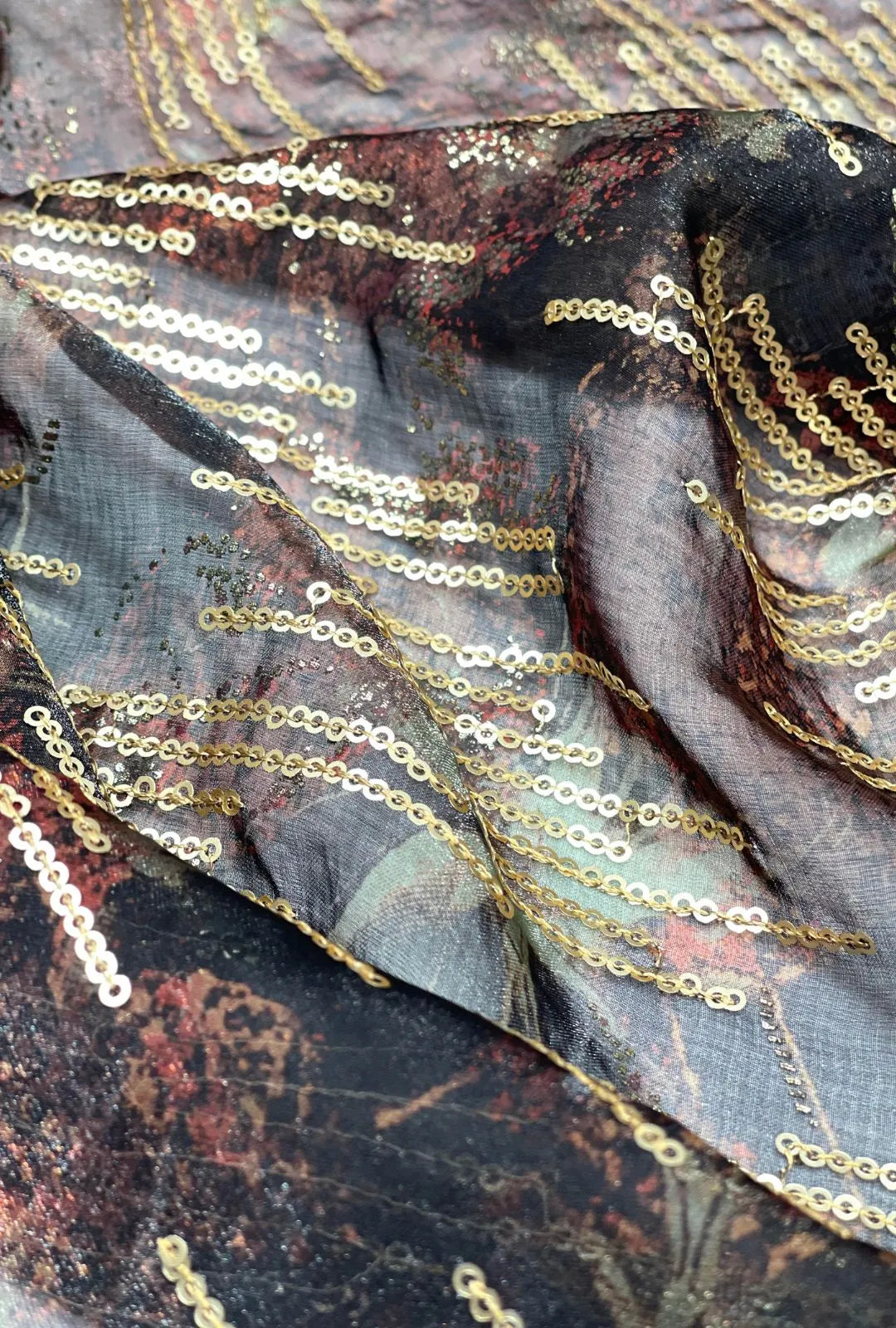Linear Sequin Embroidered Mottled NC Satin Foil Fabric