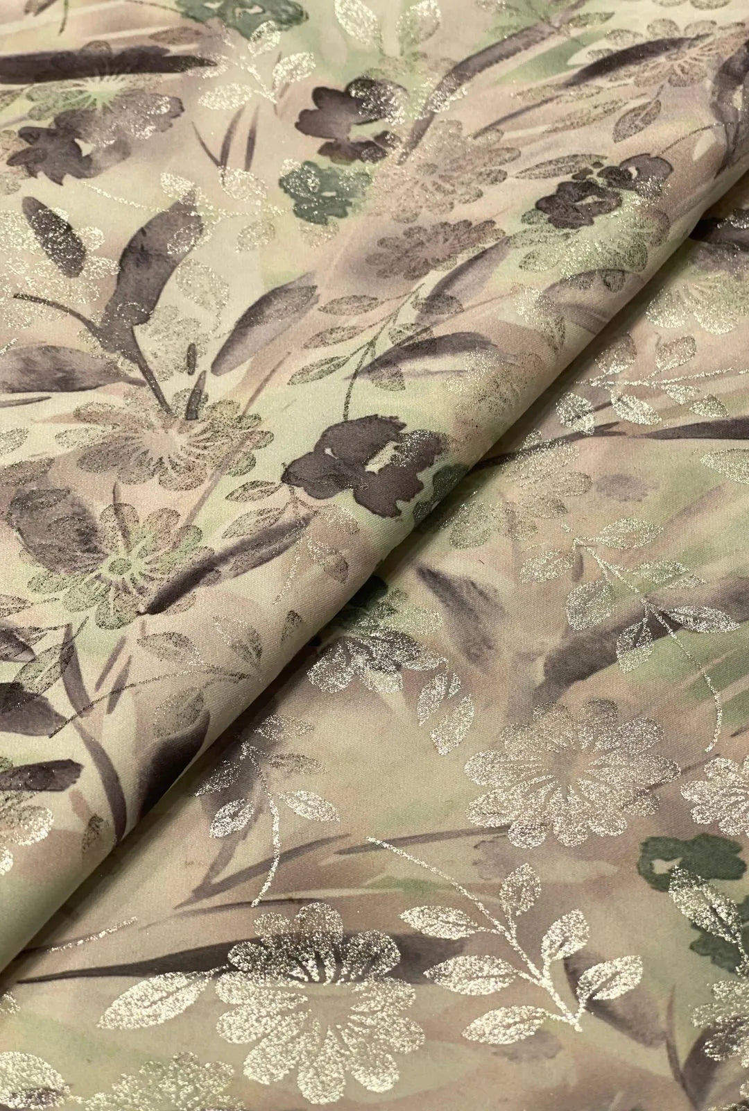 Luminous Satin With Foil Presenting Metallic Shrubs Ornamentation