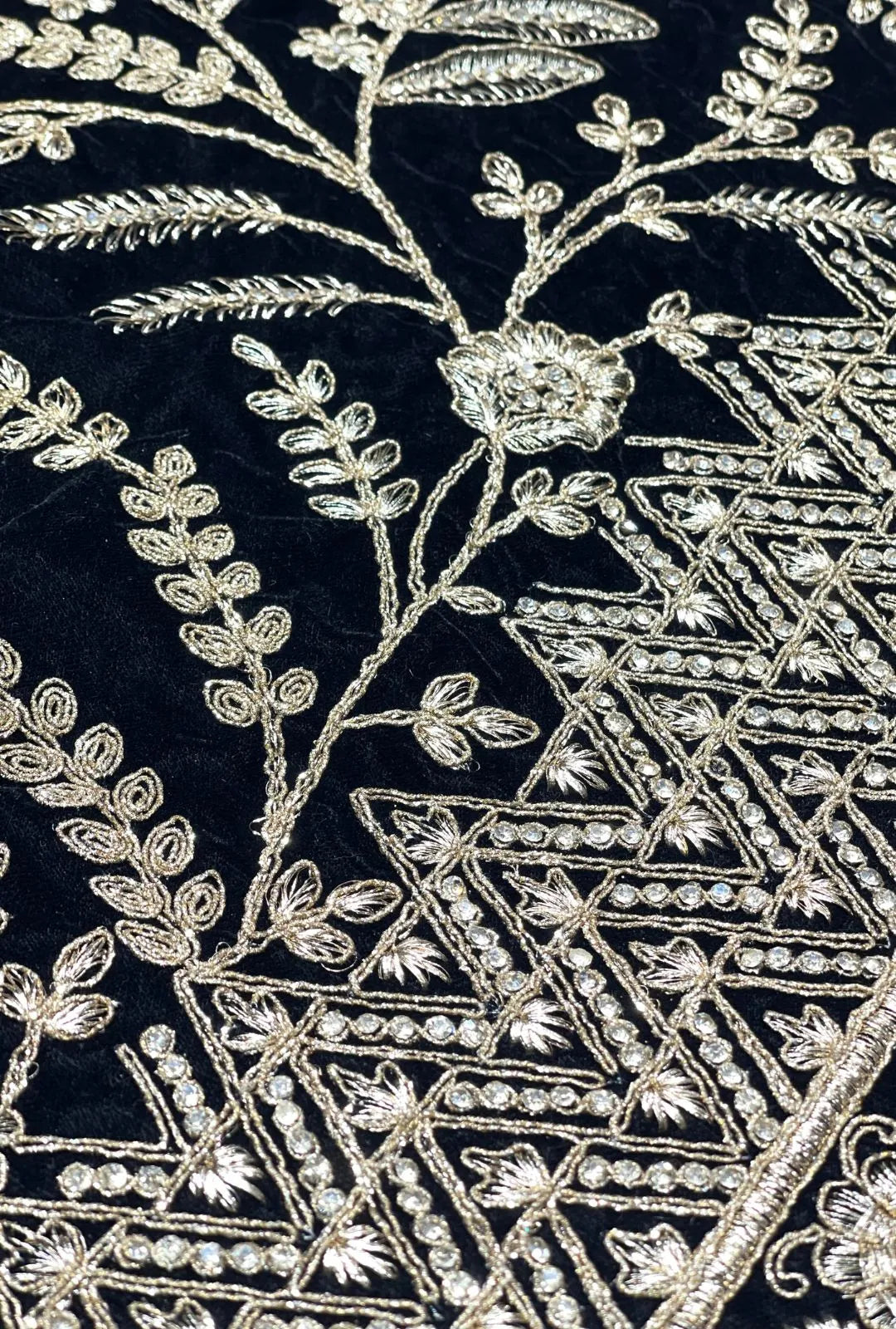 Luxury Floral Embroidered Velvet Fabric with Intricate Diamond Work