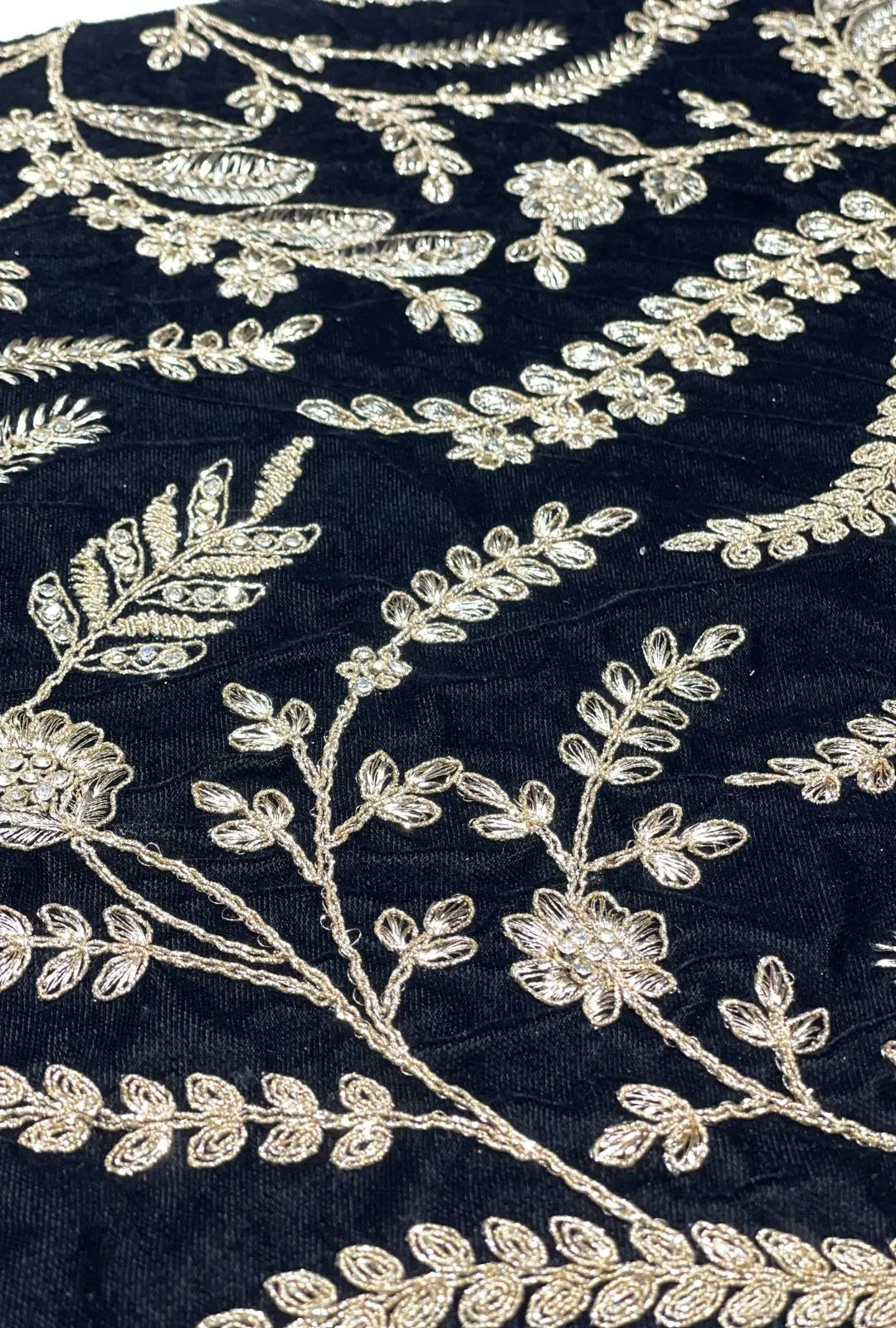 Luxury Floral Embroidered Velvet Fabric with Intricate Diamond Work