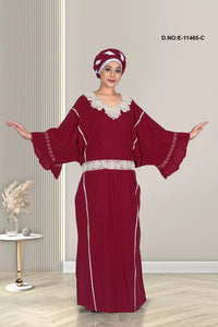 Maroon Designer Plain Lace Embroidered Long Kaftan Gown