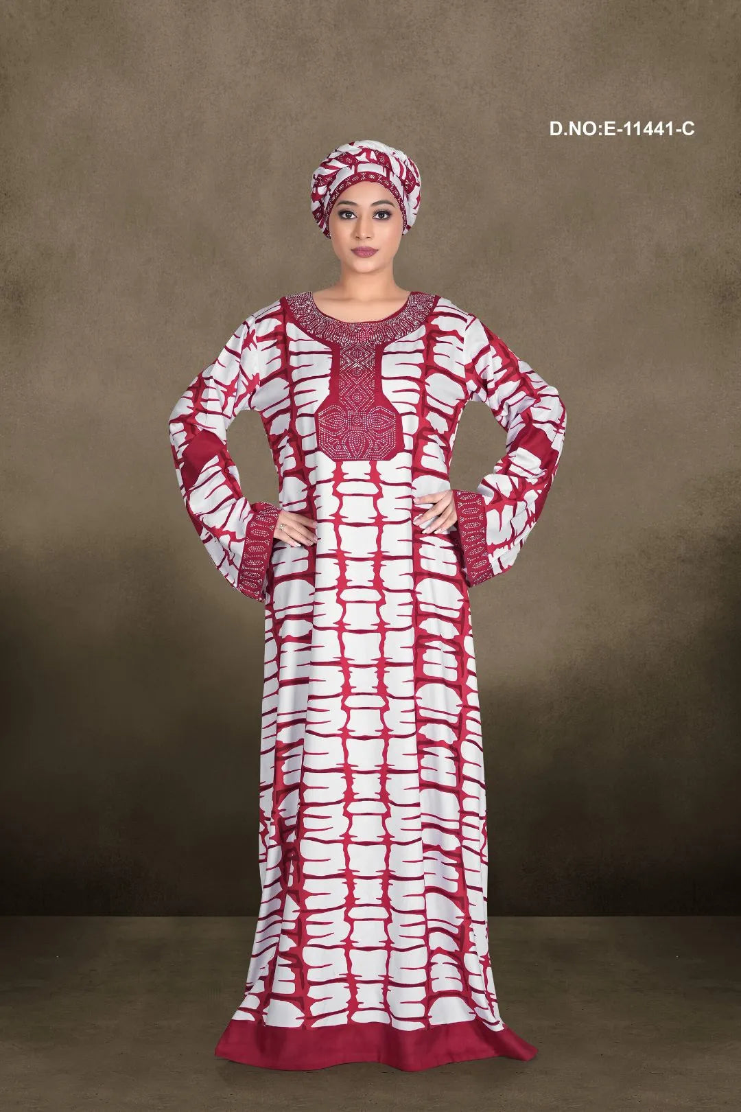 Maroon Women's Casual Designer Long Sleeve Printed Loose Kaftan