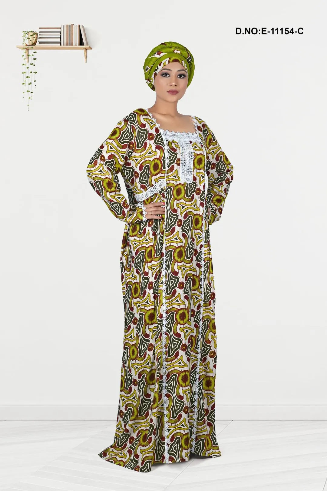 Mehendi Flower Printed African Kaftan With Stole For Women