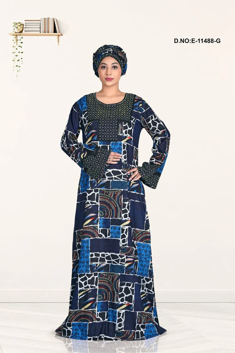 Metalic Blue Ethnic Multicolor long plus size printed maxi kaftan dress for women