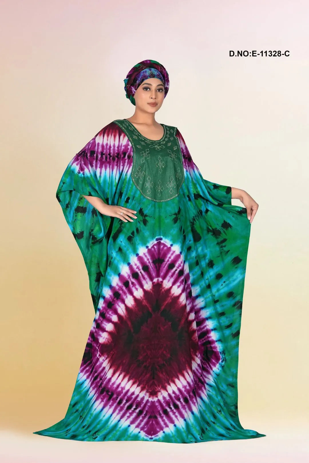 Metalic Green Casual Wear Printed Tie Die Rayon Kaftan
