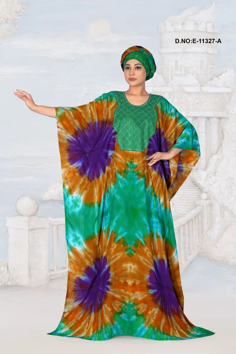 Metalic Green Hand Dyed Digital Printed Kaftan For Women