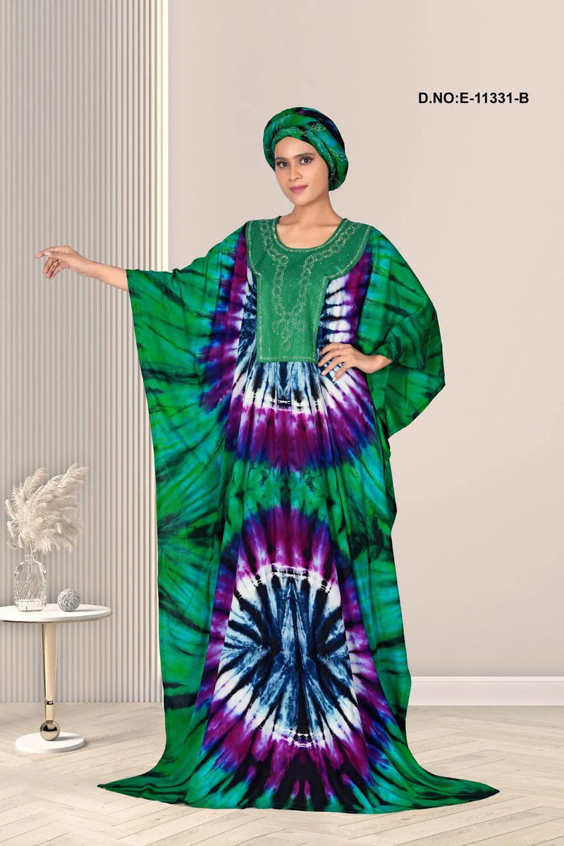 Metalic Green Women Tie Die Rayon Printed Kaftan Night Maxi Dress