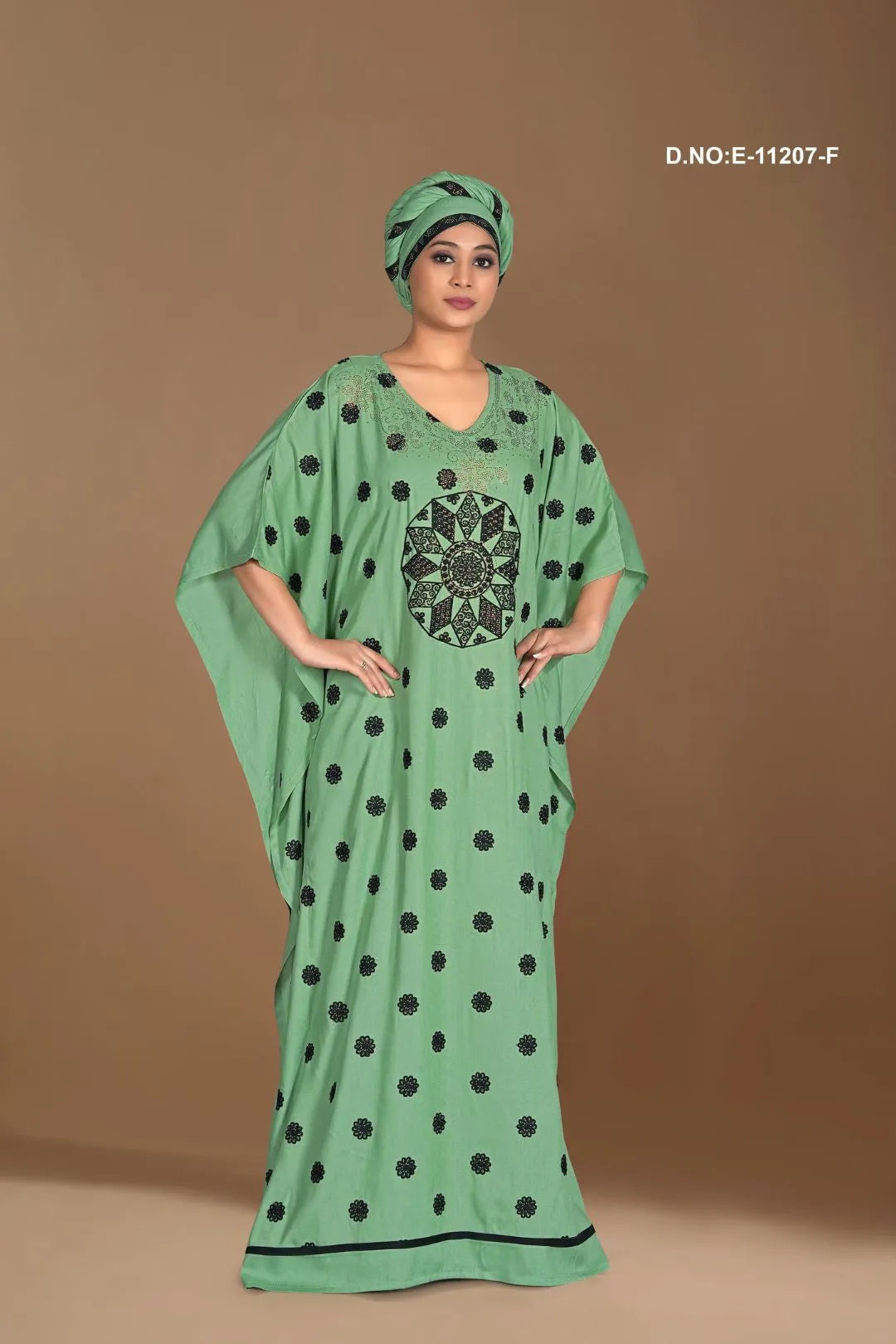 Metalic Green Women's Floral Print Maxi Kaftan Farasa