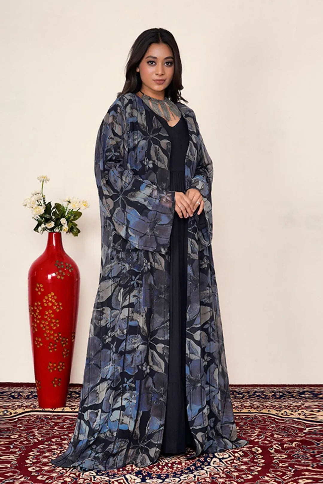 Midnight Printed Chiffon Sequin Long Shrug Modest Wear For Women
