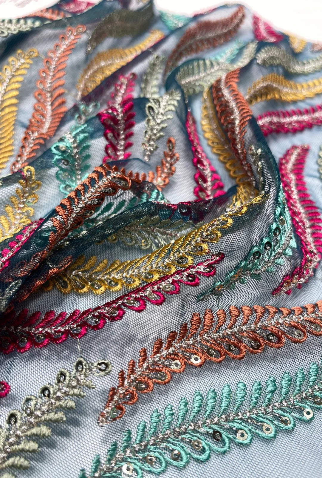 Multi-Tonal Botanical Leaf Embroidered Net Fabric