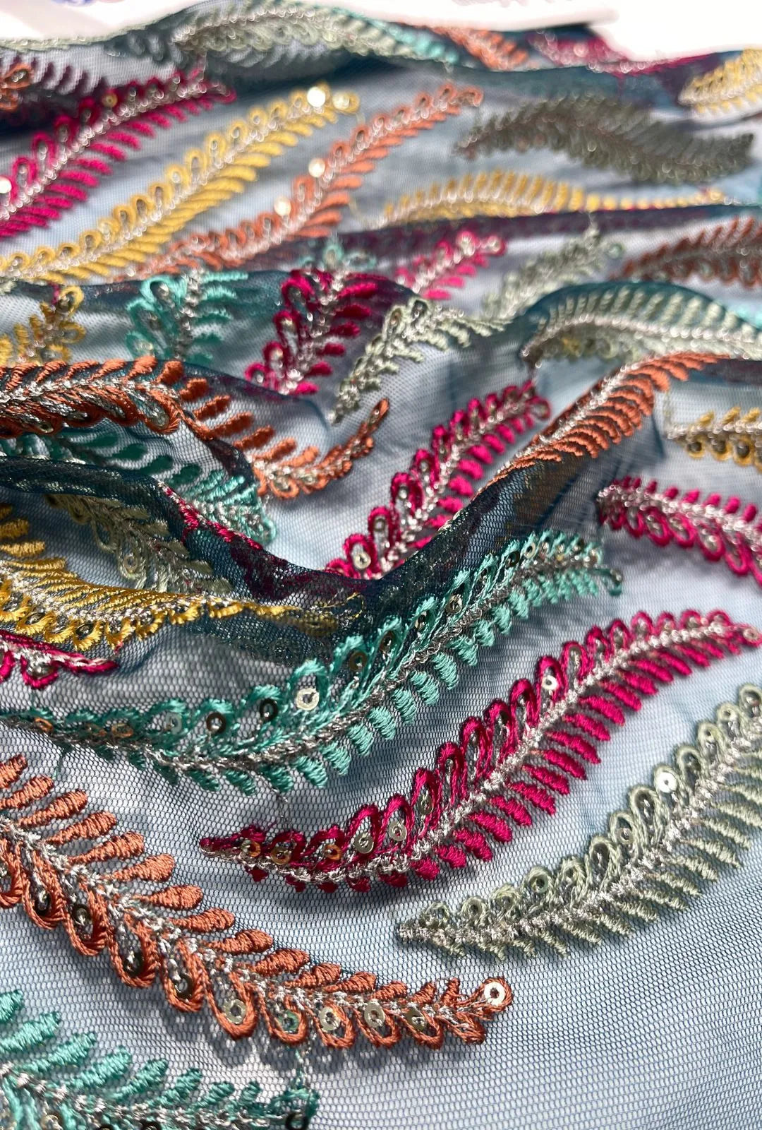 Multi-Tonal Botanical Leaf Embroidered Net Fabric