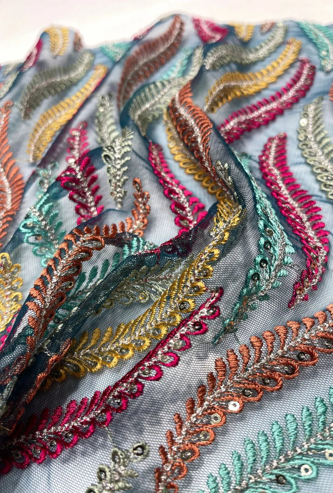 Multi-Tonal Botanical Leaf Embroidered Net Fabric