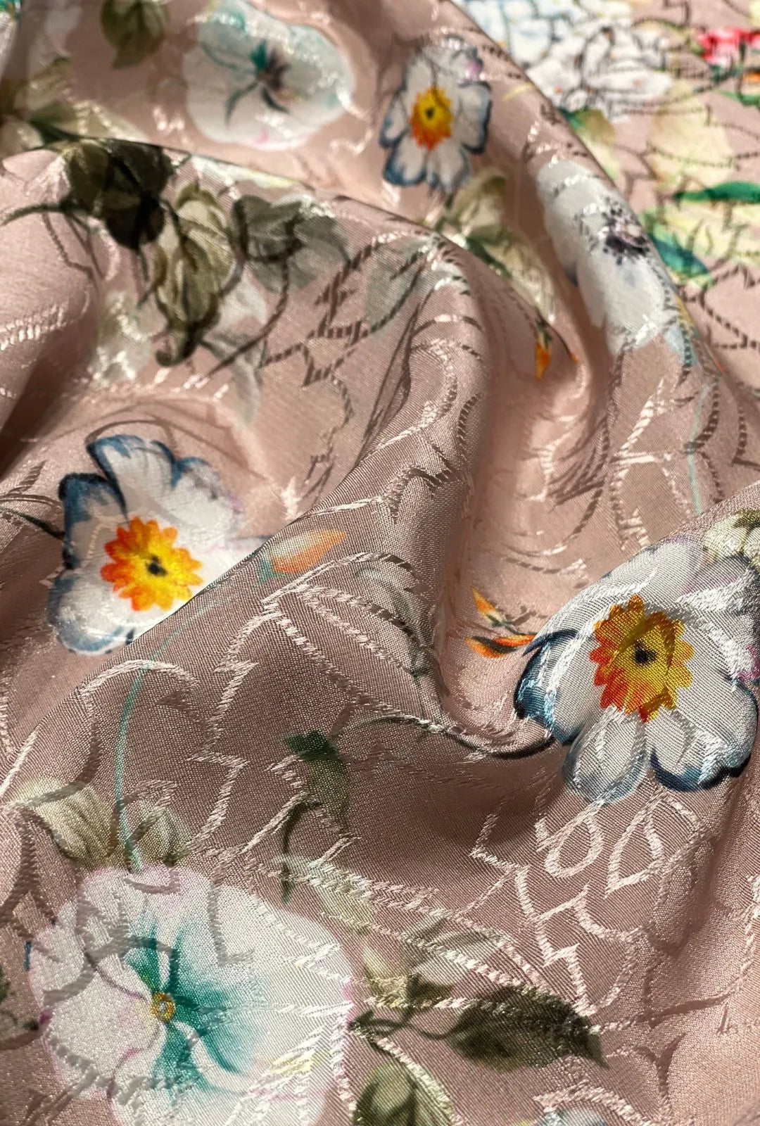 Multicolor Floral Imagery Atop Raised Jacquard Loomed Satin Cloth