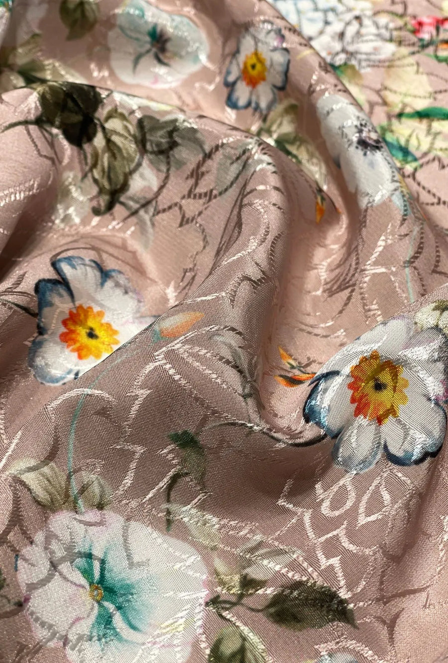 Multicolor Floral Imagery Atop Raised Jacquard Loomed Satin Cloth