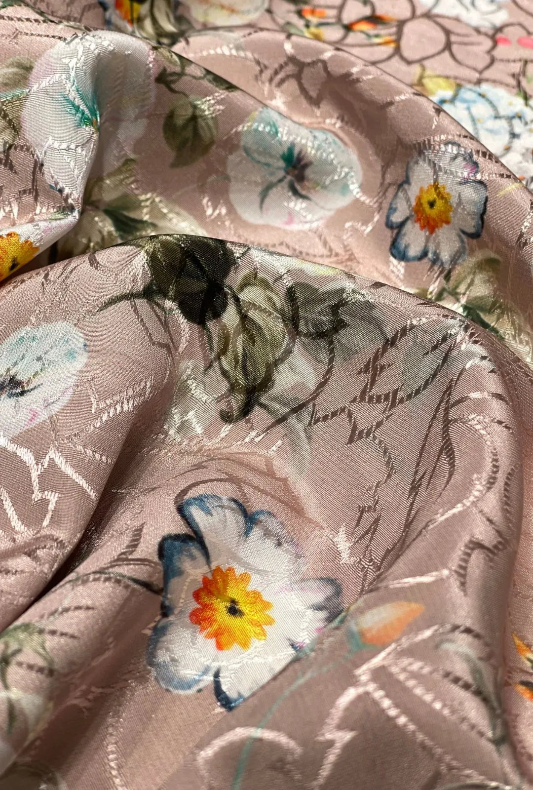 Multicolor Floral Imagery Atop Raised Jacquard Loomed Satin Cloth