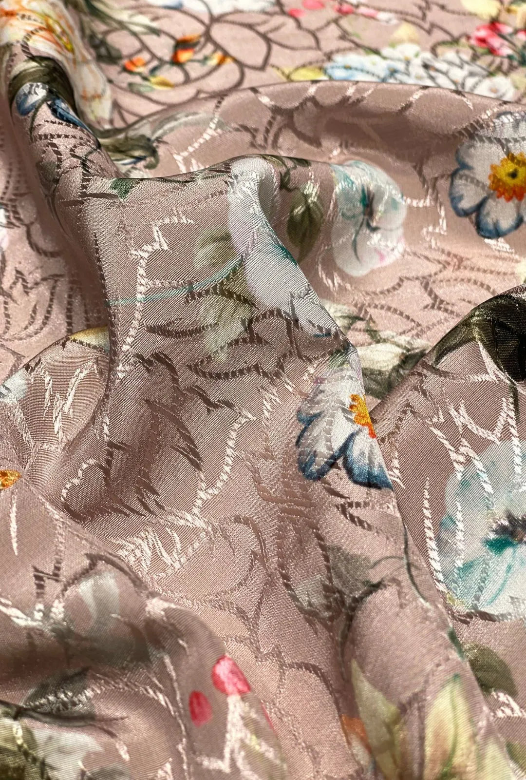 Multicolor Floral Imagery Atop Raised Jacquard Loomed Satin Cloth
