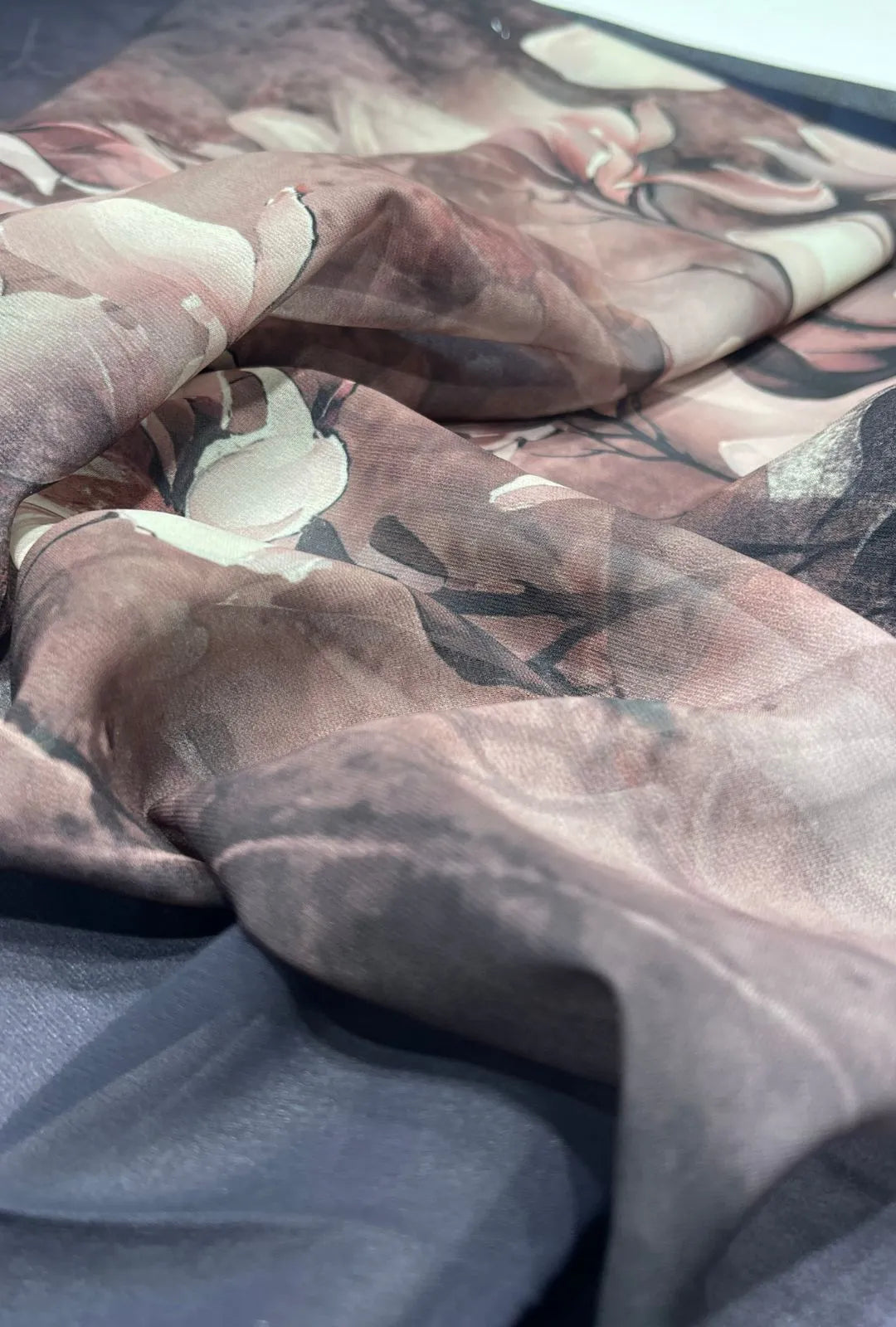 Muted Mauve Chiffon Fabric With Large Blossom Prints