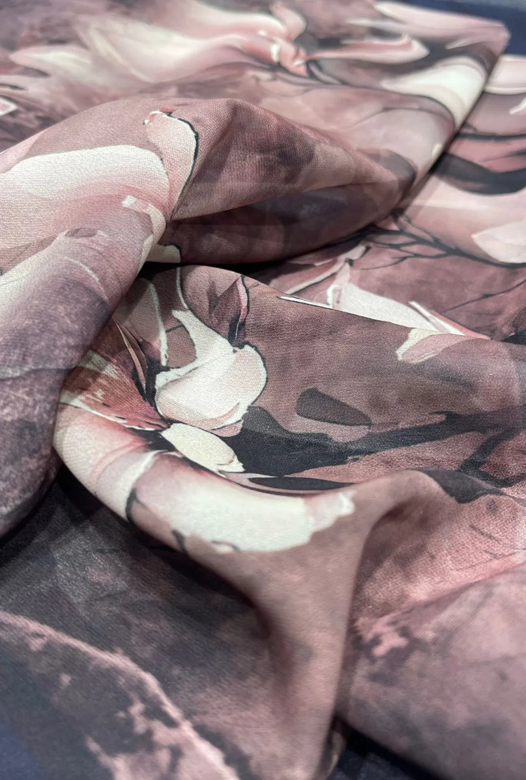 Muted Mauve Chiffon Fabric With Large Blossom Prints