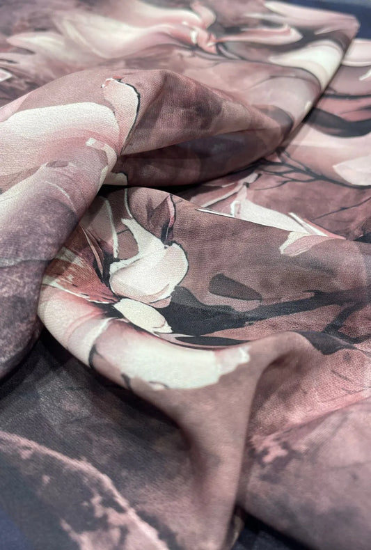 Muted Mauve Chiffon Fabric With Large Blossom Prints