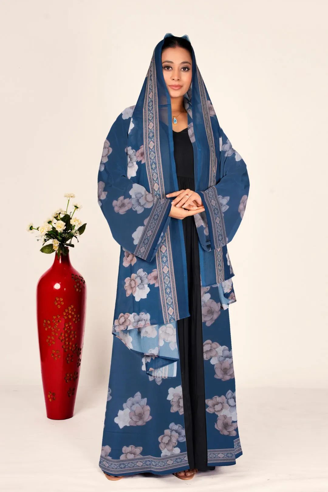 Floral Chiffon Long Shrug Front Open Modest Abaya Style Wear