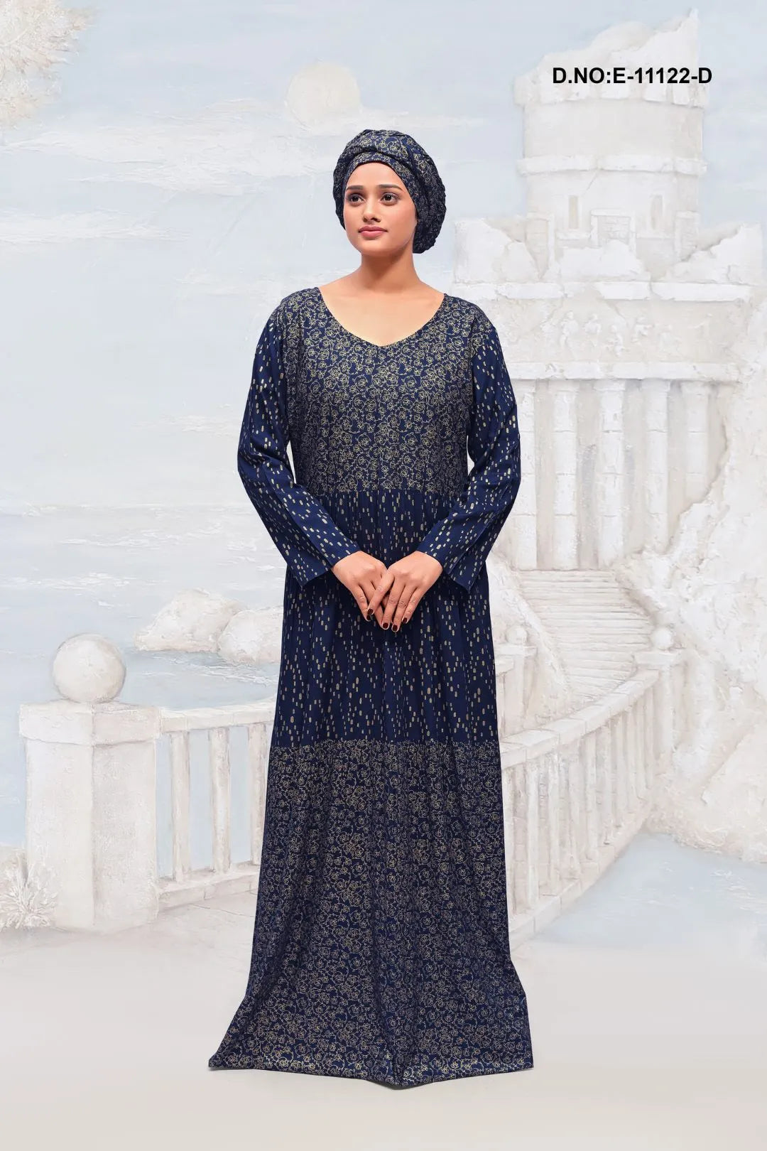 Navy Fully Florer Printed Kaftan With Stole For Women