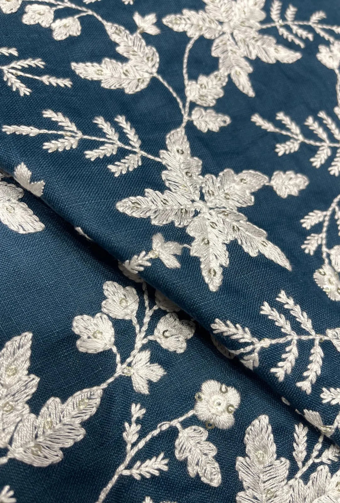 Navy Slub Cotton Fabric With Silver Embroidery And Sequence