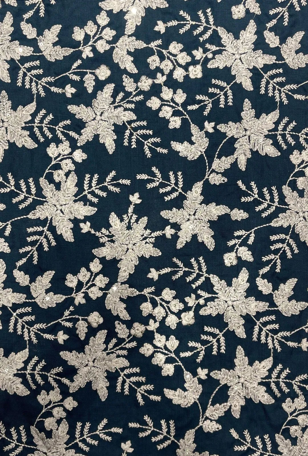 Navy Slub Cotton Fabric With Silver Embroidery And Sequence