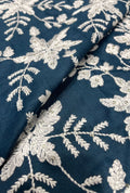Navy Slub Cotton Fabric With Silver Embroidery And Sequence