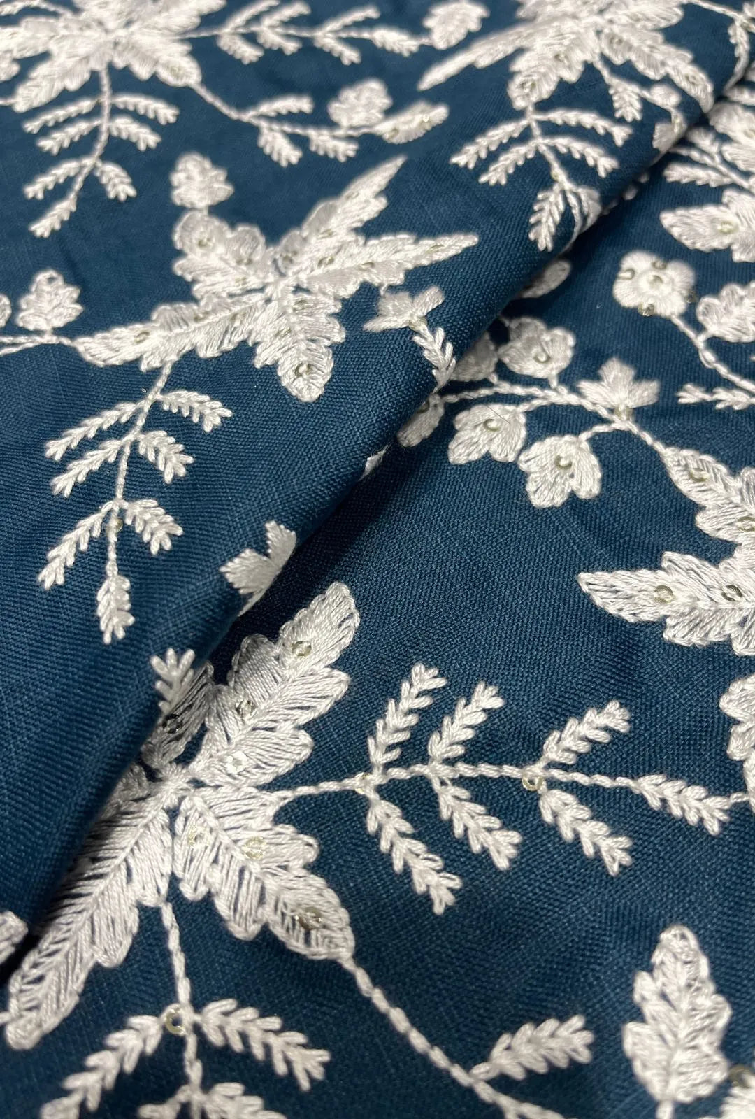 Navy Slub Cotton Fabric With Silver Embroidery And Sequence