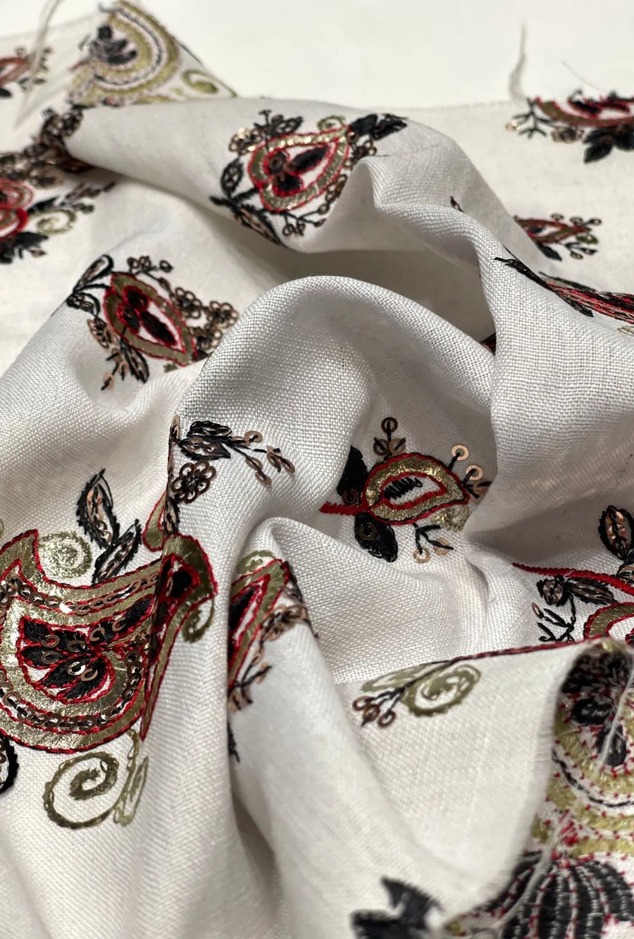 Off-White Cotton Fabric With Paisley Embroidery Work