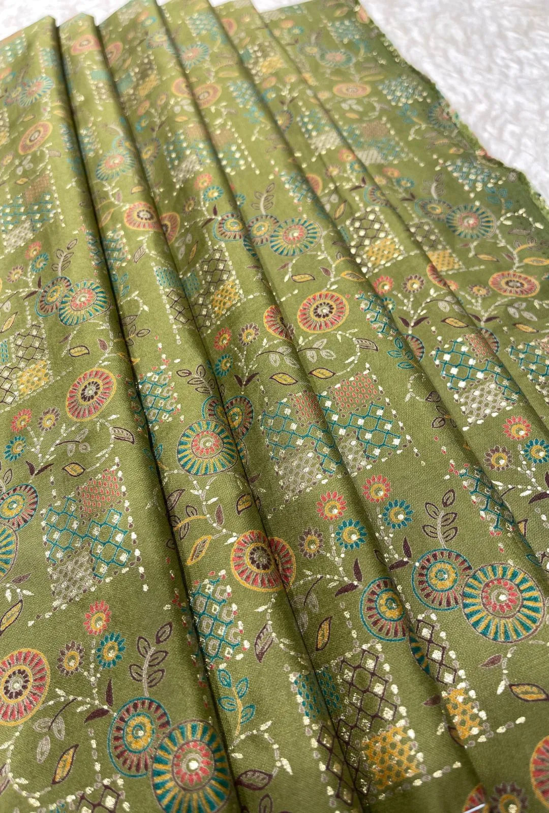 Olive Green Chanderi Fabric with Geometric & Circular Motifs