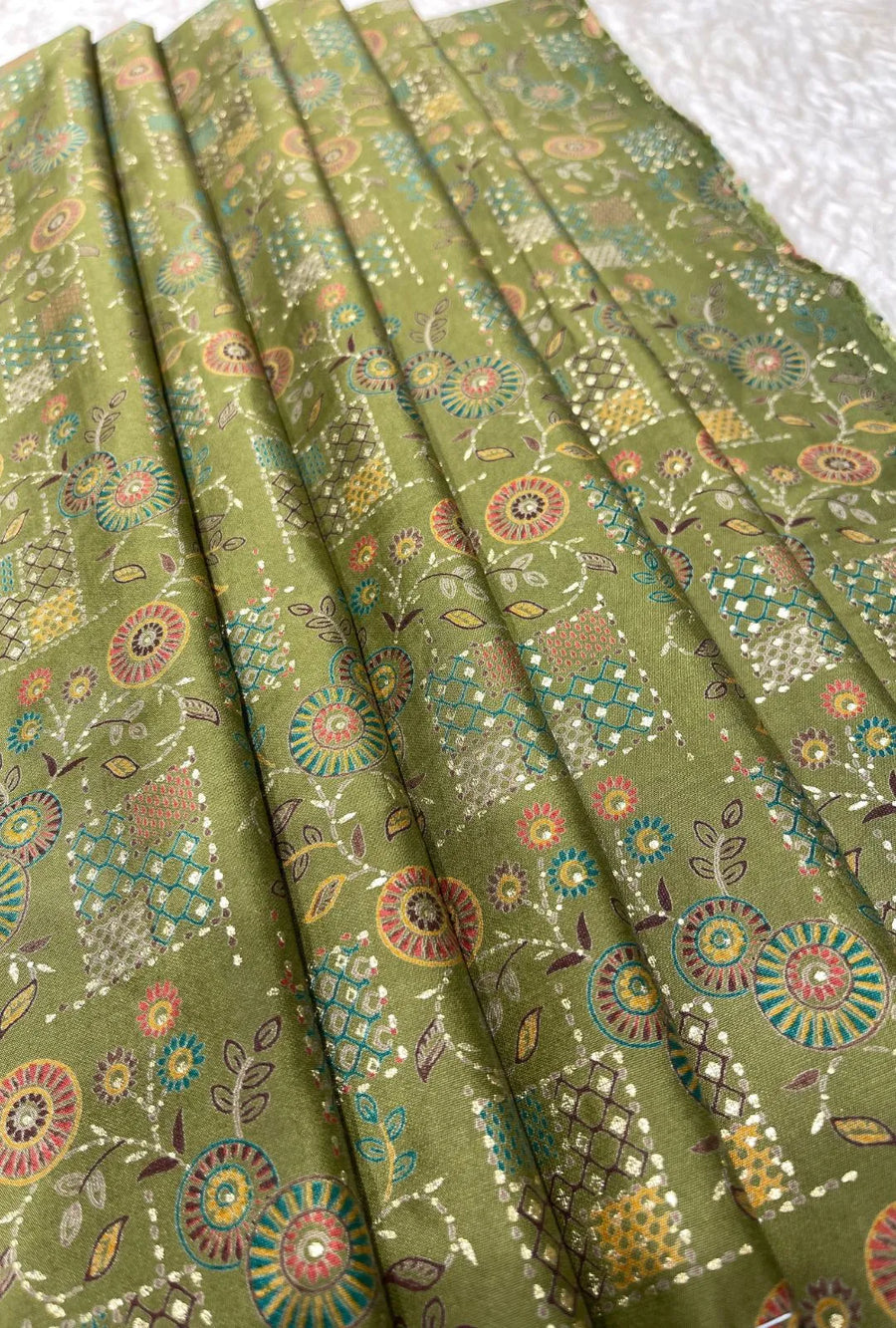 Olive Green Chanderi Fabric with Geometric & Circular Motifs
