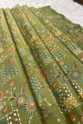 Olive Green Chanderi Fabric with Geometric & Circular Motifs