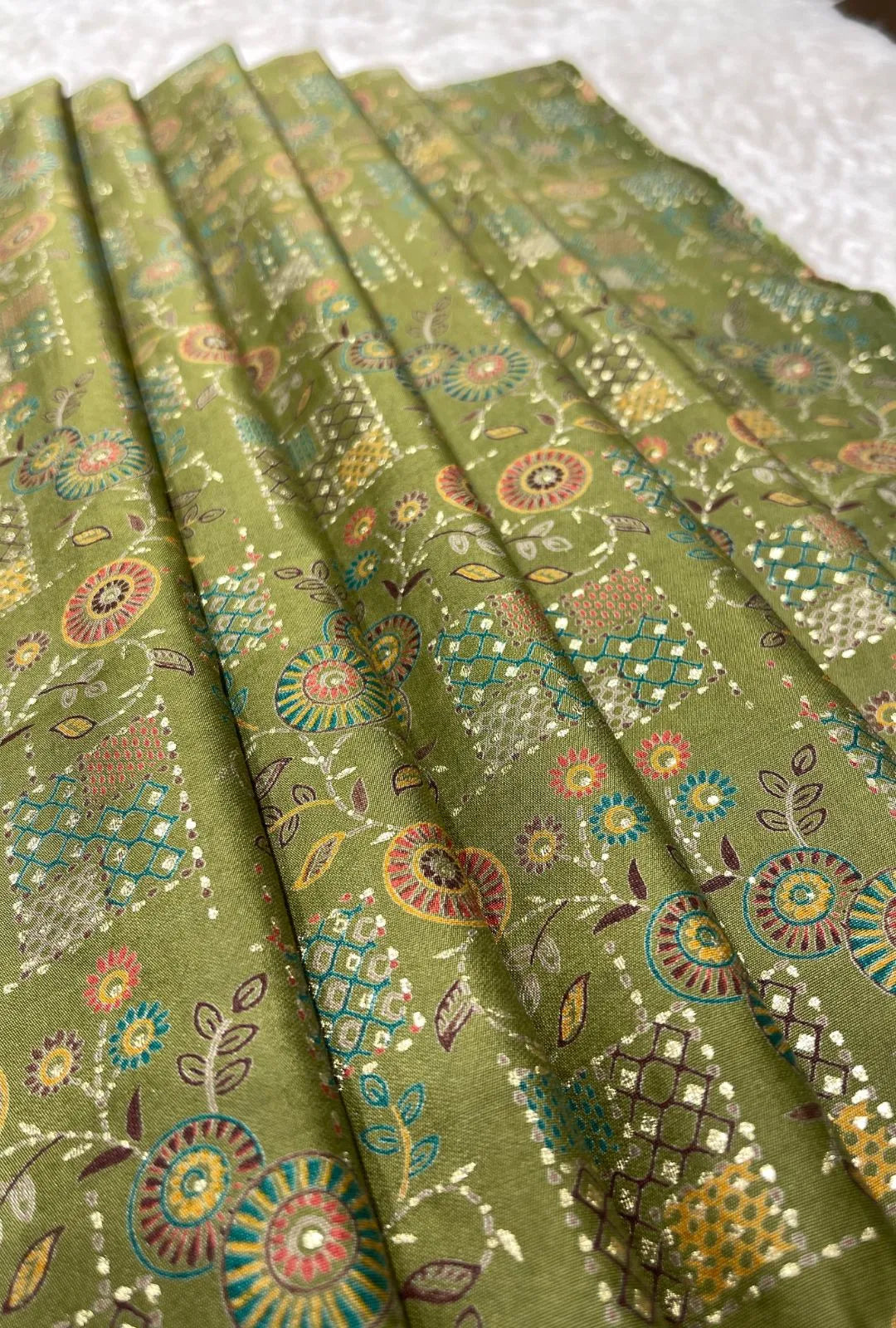 Olive Green Chanderi Fabric with Geometric & Circular Motifs