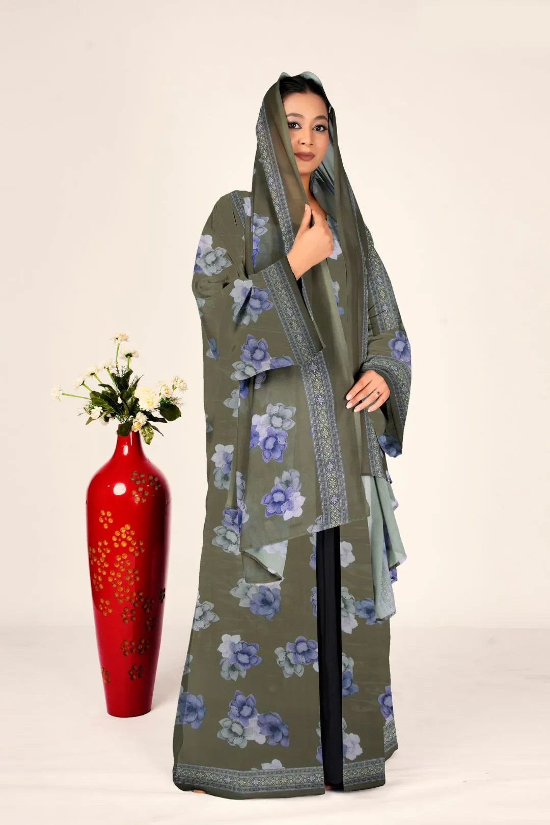 Floral Chiffon Long Shrug Front Open Modest Abaya Style Wear