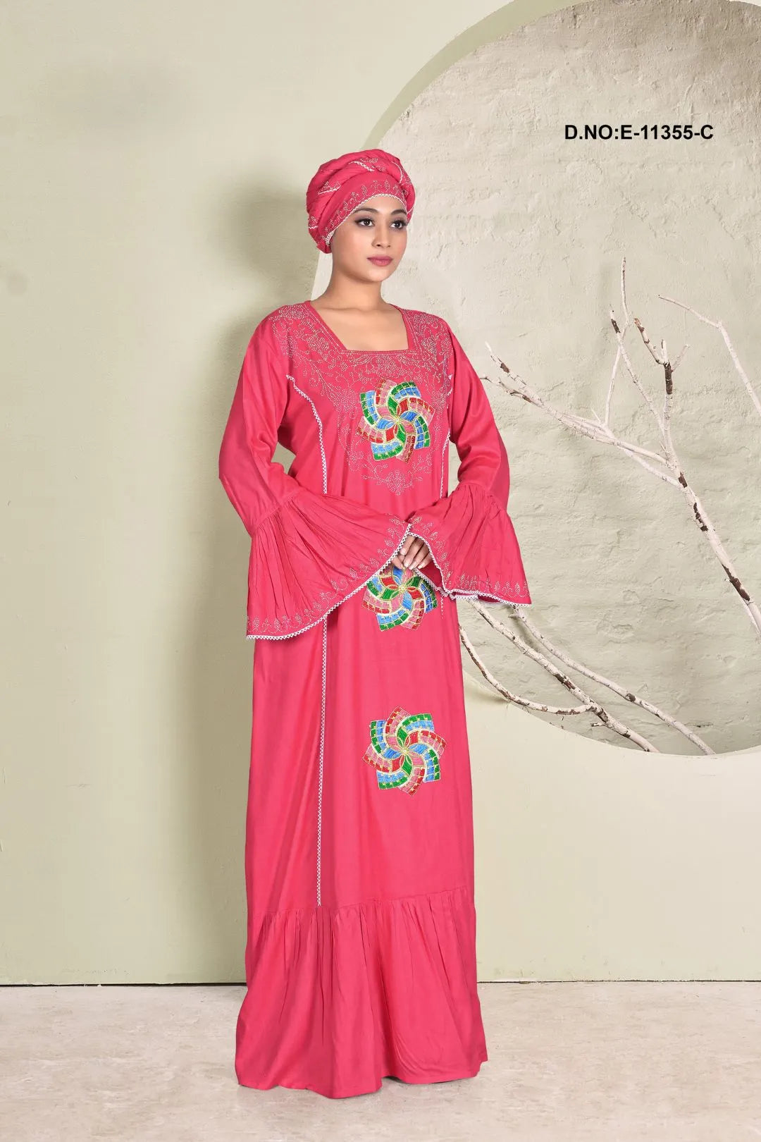 Onion Pink Faux Gorgeous Embroidered Readymade Kaftan