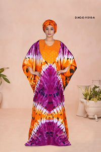 Orange African Hand Tie Dye Kaftan Maxi Dress For Women