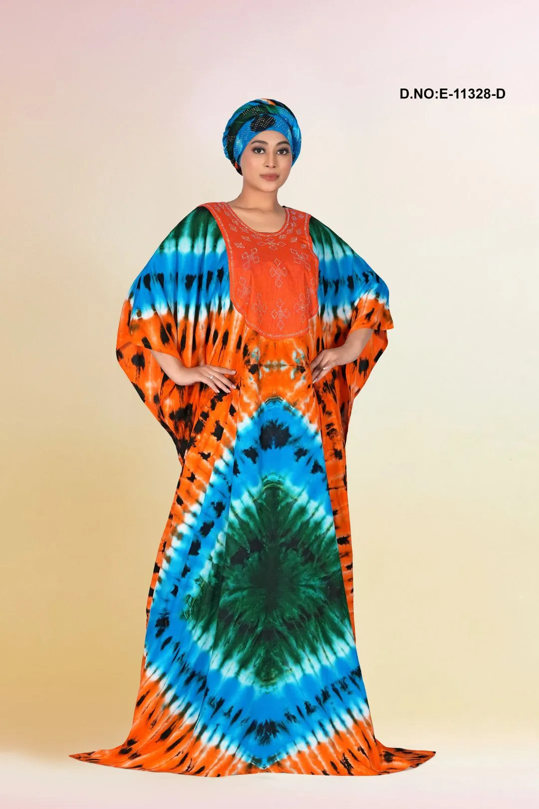 Orange Casual Wear Printed Tie Die Rayon Kaftan