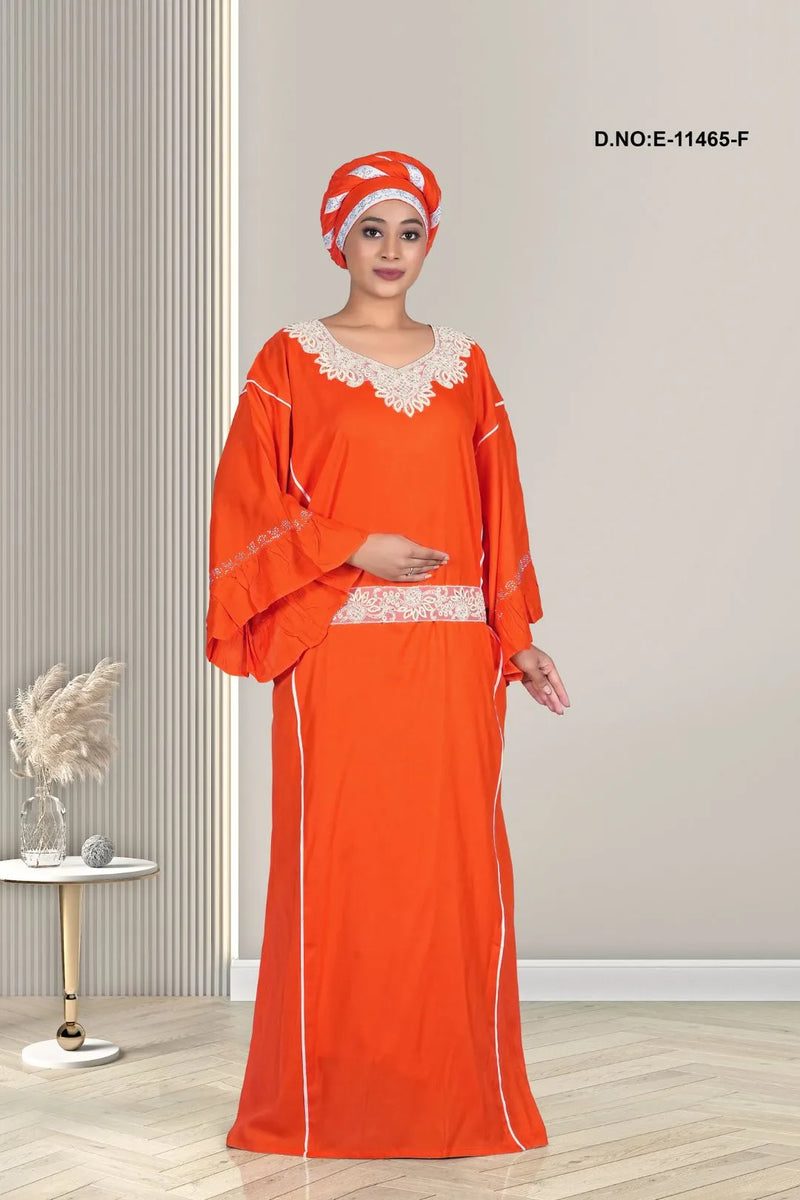 Orange Designer Plain Lace Embroidered Long Kaftan Gown