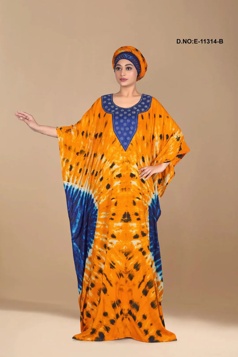 Orange Kaftan For Women Rayon Hand Printed Long Kaftan