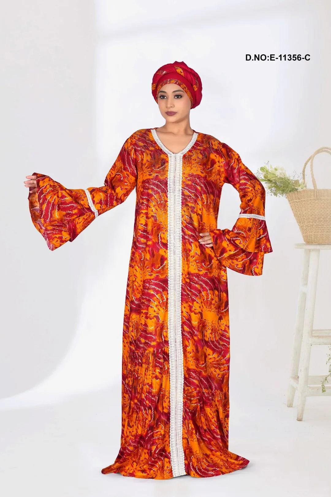 Orange Muslim Abaya Ethnic Floral Kaftan Maxi Dress with Hijab