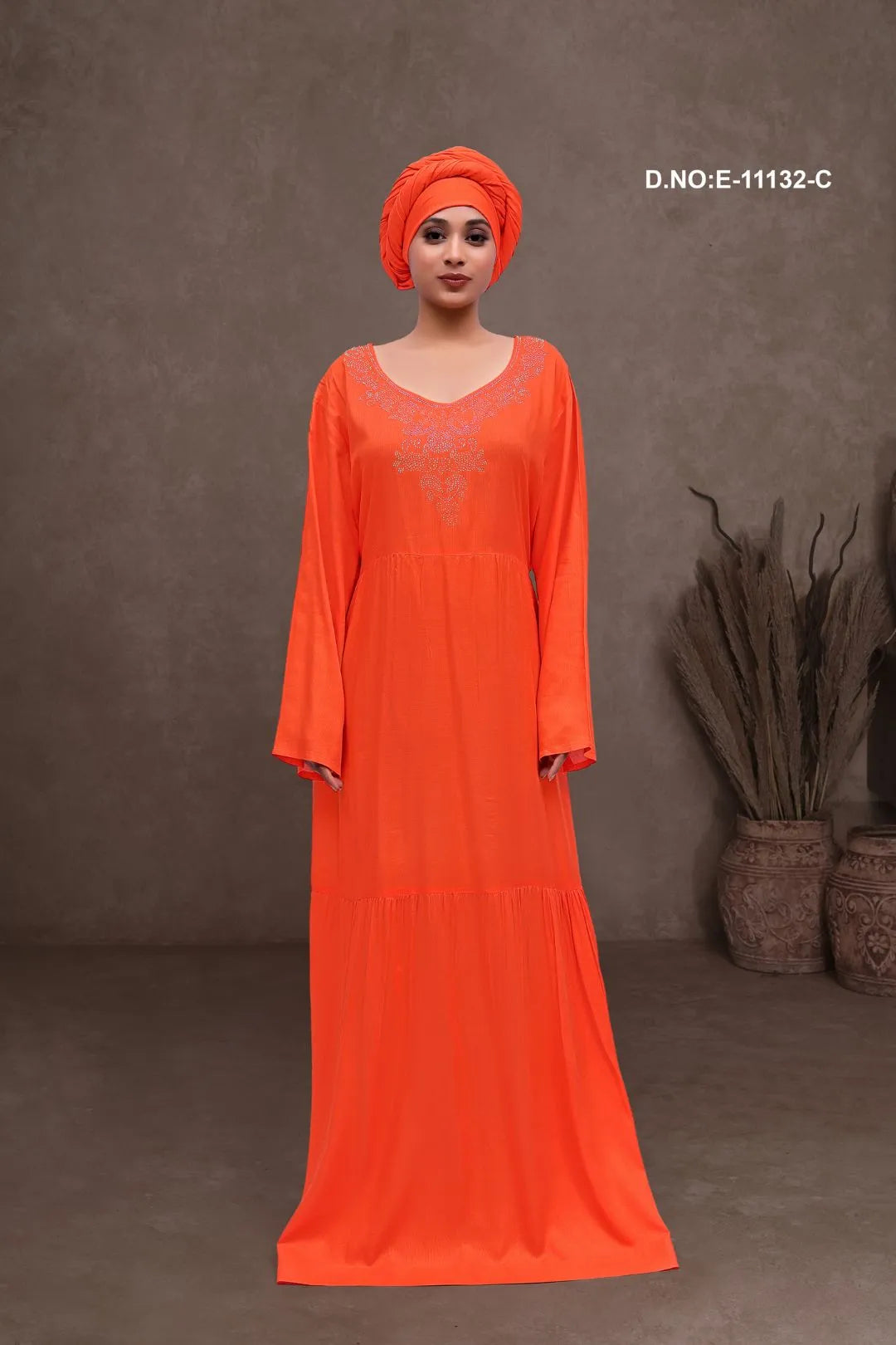 Orange Stone Work Neck Designer Kaftan With Scarf