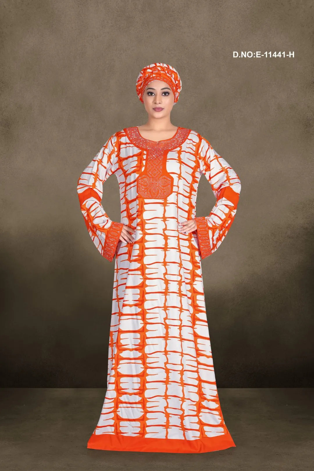 Orange Women's Casual Designer Long Sleeve Printed Loose Kaftan