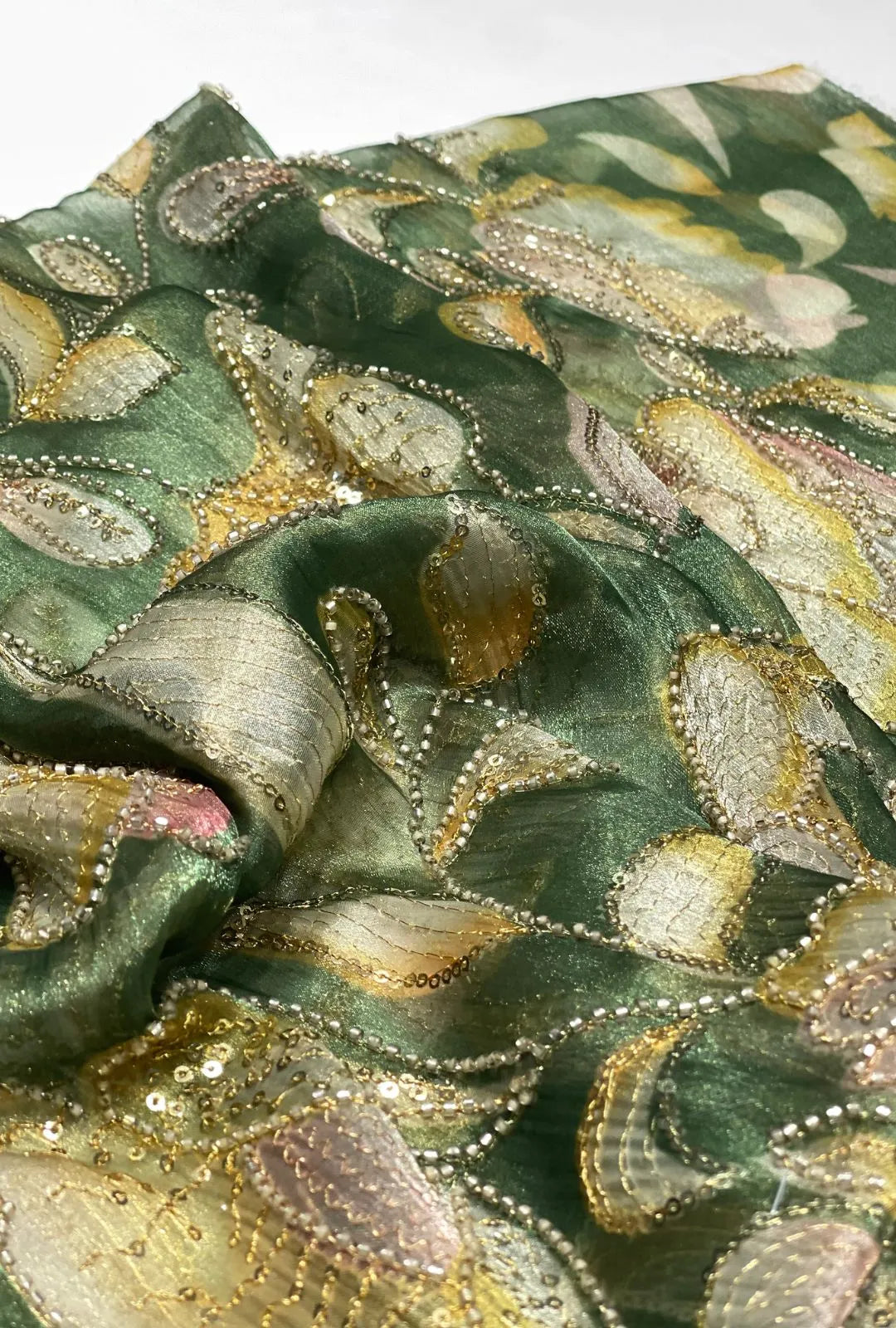 Organza Fabric with Position Print & Floral Sequin Embroidery