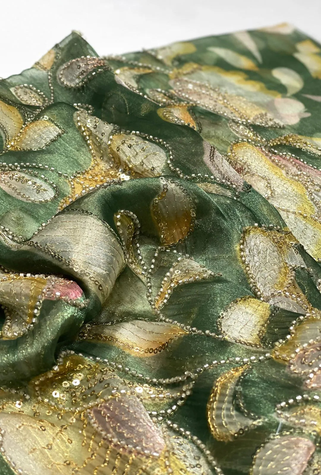 Organza Fabric with Position Print & Floral Sequin Embroidery