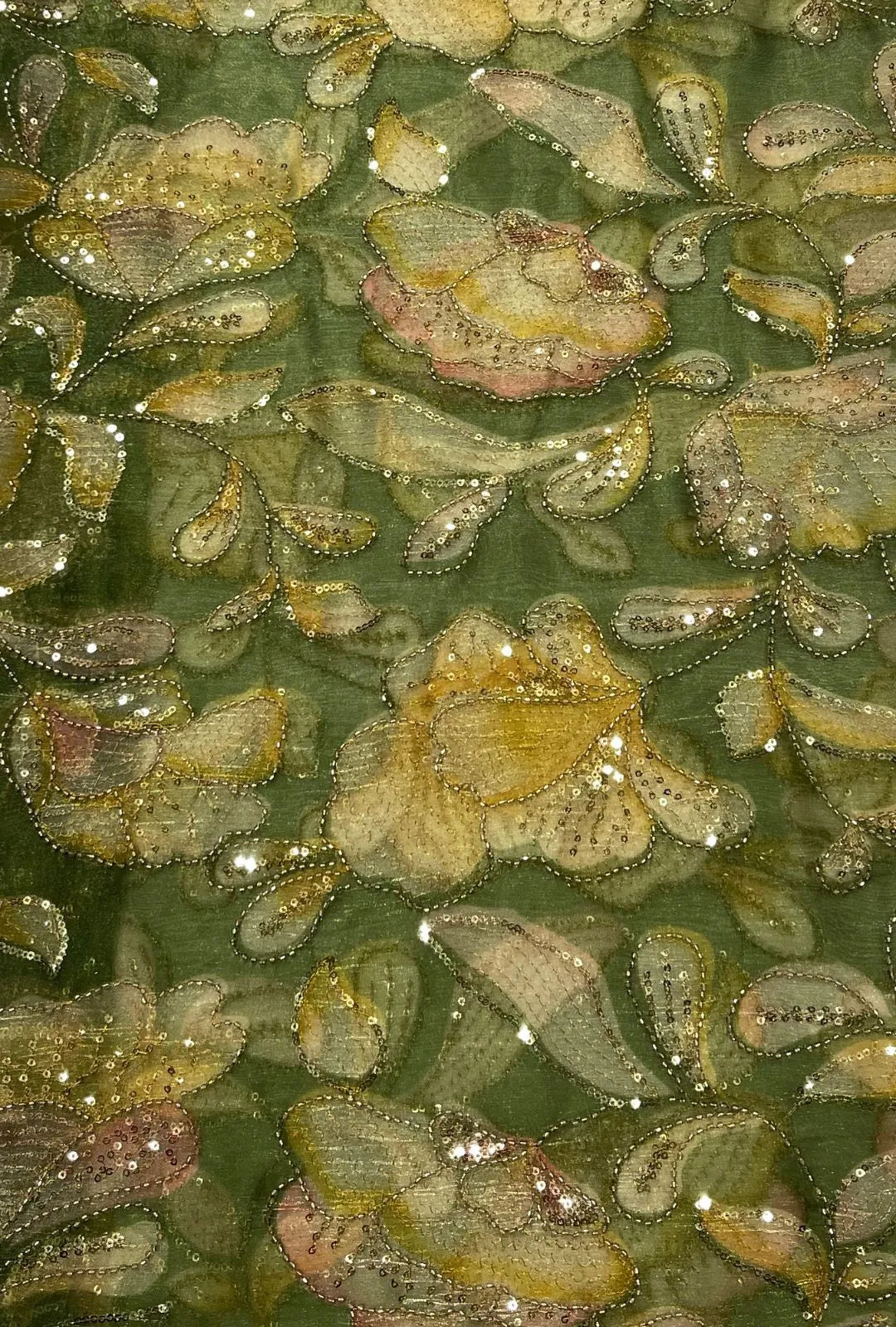 Organza Fabric with Position Print & Floral Sequin Embroidery