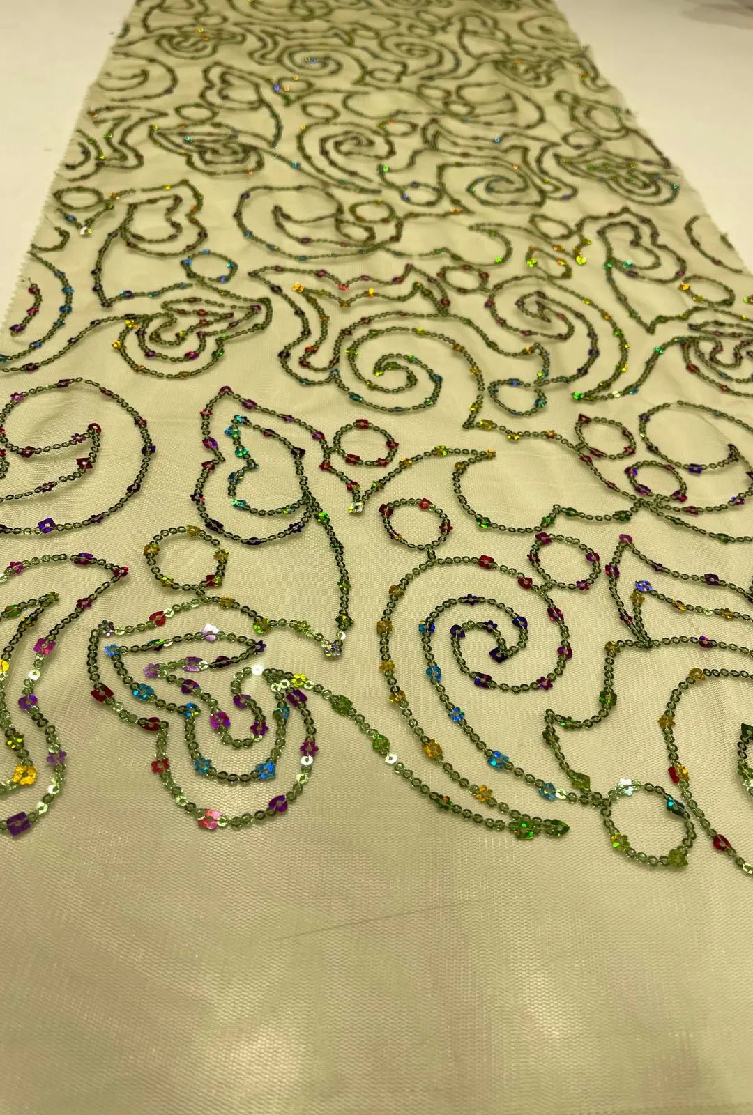 Ornate Scrolling Paisley Sequence Embroidered Net Fabric